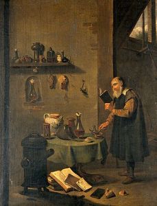 366px-An_alchemist_in_his_laboratory._Oil_painting_by_a_follower_o_Wellcome_V0017632-1